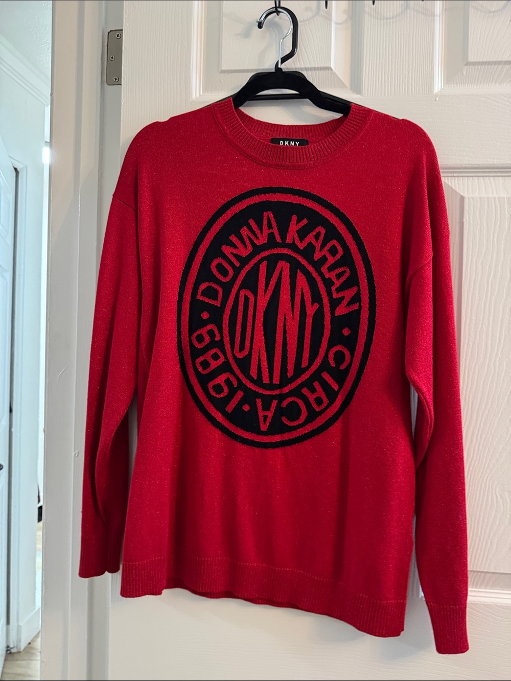 DKNY Red Crewneck Sweater with Black Logo Medallion